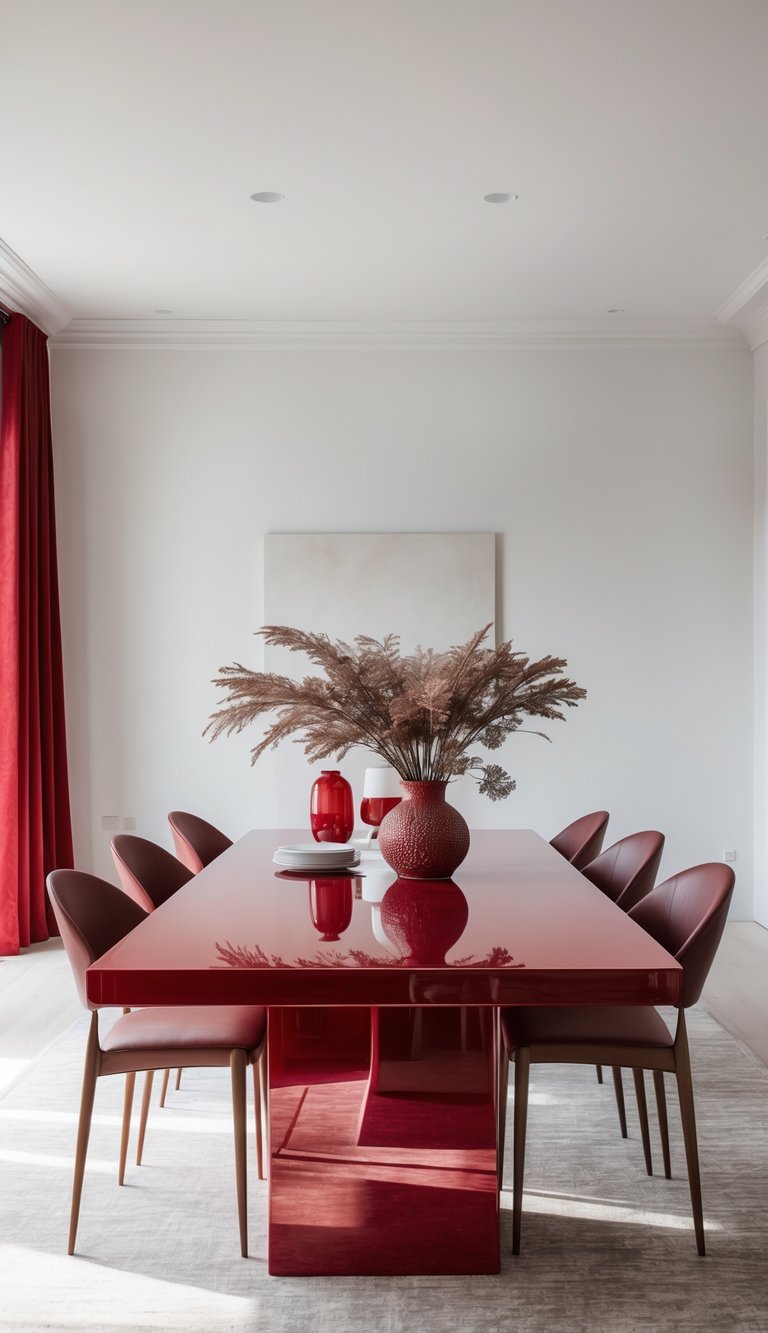 A modern dining room featuring a glossy red table surrounded by matching red chairs. A red vase with decorative branches is placed at the center of the table, flanked by two smaller red decorative items. The room is accented by red curtains and a neutral wall with a minimalist square artwork.
