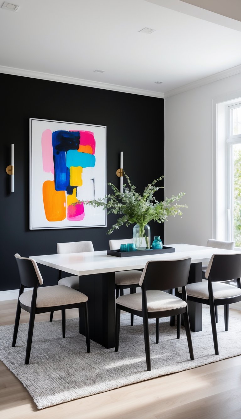 Modern dining room featuring a white table, six cushioned chairs, a large abstract painting on a dark accent wall, and a vase with greenery on the table.