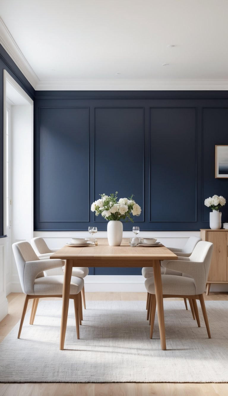 A modern dining room featuring a wooden table set with white dishes and glasses, surrounded by white upholstered chairs. A large white vase with white flowers sits at the center of the table, and the room has a deep blue accent wall and light wood flooring.