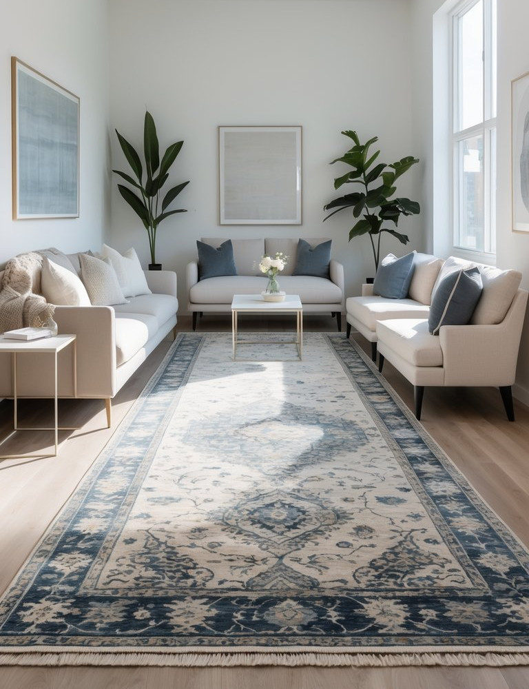 A bright, modern living room with two white sofas facing each other, blue and white cushions, and a long, patterned area rug on wooden flooring. Large framed artwork adorns the walls and potted plants add greenery to the space.