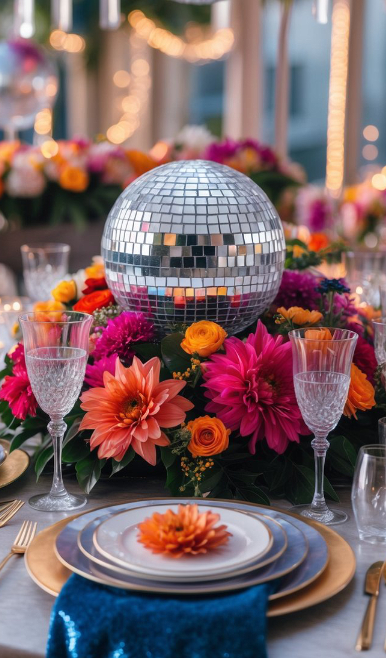 A festive table setting featuring a centerpiece with a disco ball surrounded by vibrant flowers in orange, pink, and yellow hues. Crystal glassware and elegant crockery with gold trim adorn the table, enhancing the colorful and celebratory atmosphere.