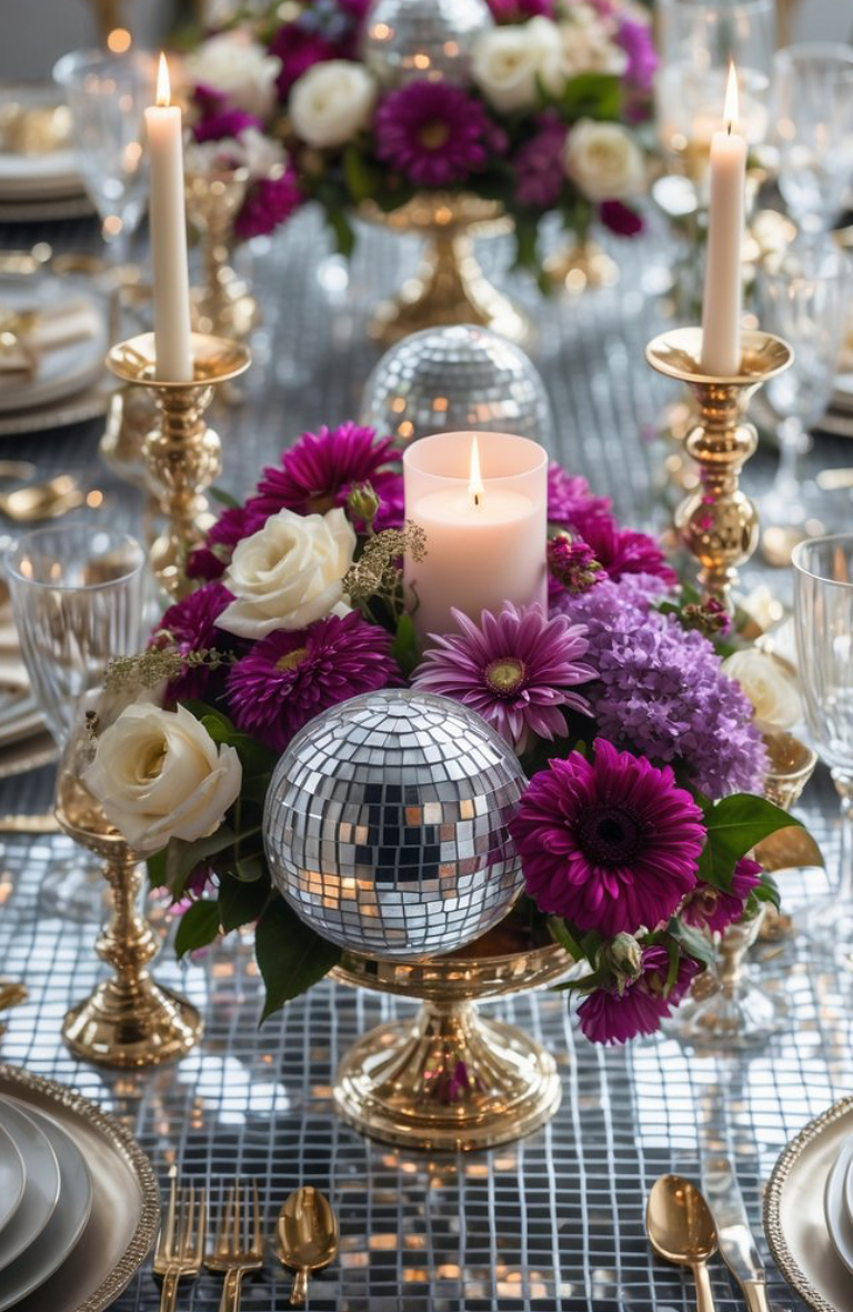 A luxurious dining table setting featuring gold candlesticks with lit candles, surrounded by floral centerpieces of purple and white flowers, and silver disco balls. The table is adorned with reflective tiles and set with elegant dinnerware and gold cutlery.