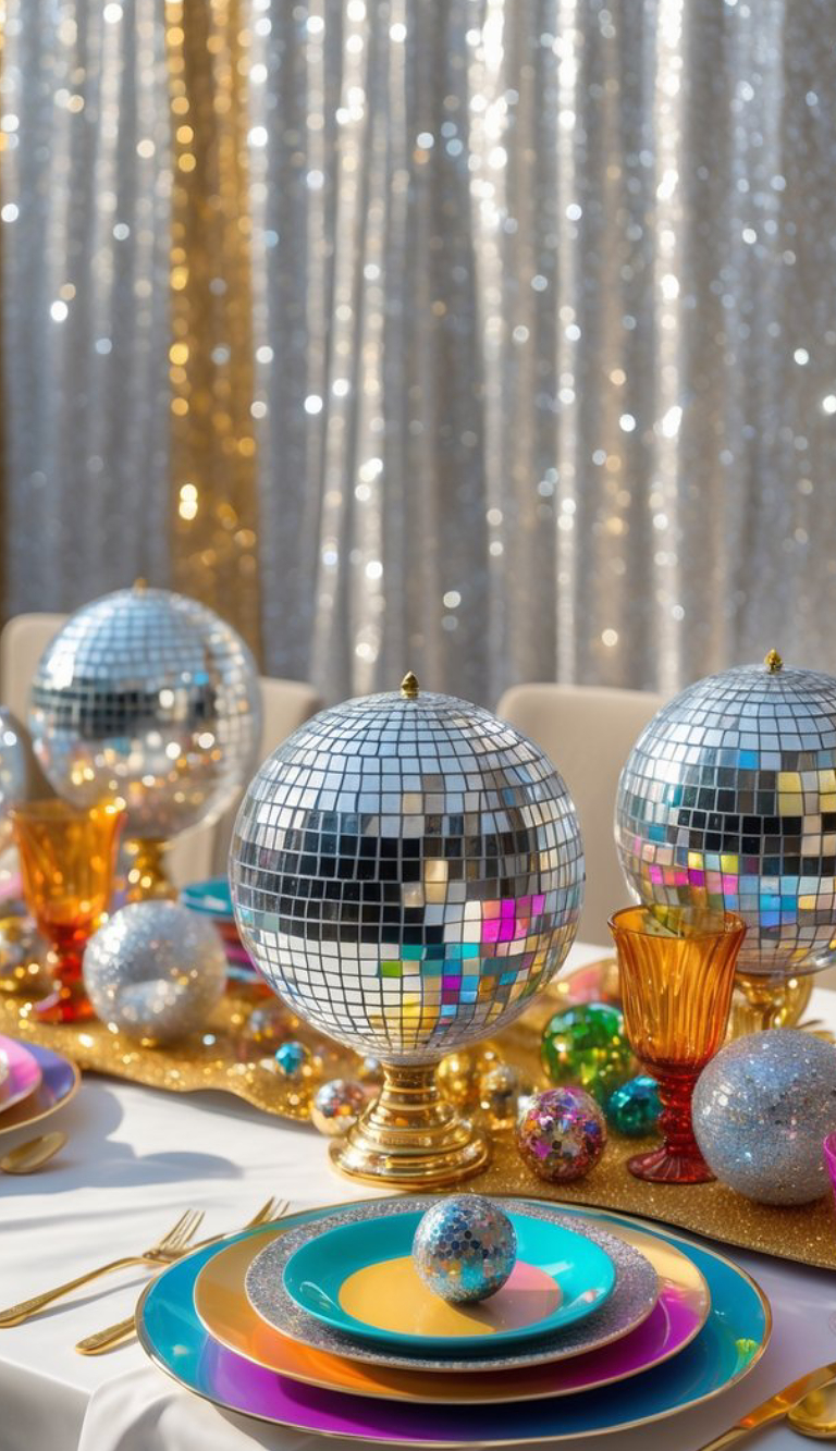 A festive table setting featuring large disco balls as centerpieces, surrounded by colorful plates and shiny glassware, with a sparkling silver backdrop.
