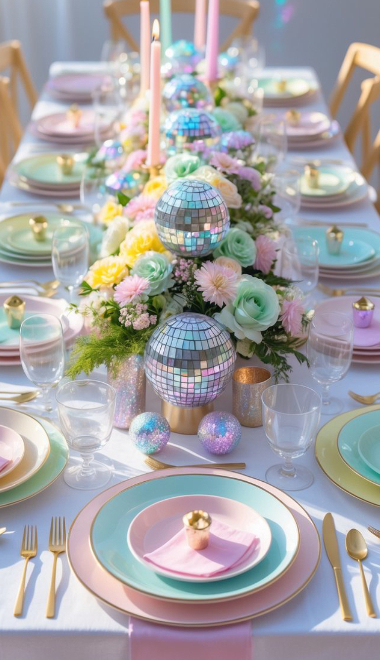 A decorated table set for a party features pastel-colored plates and napkins, gold cutlery, and glassware. The centerpiece includes vibrant flowers and several disco balls, along with tall pink candles, creating a festive and colorful atmosphere.