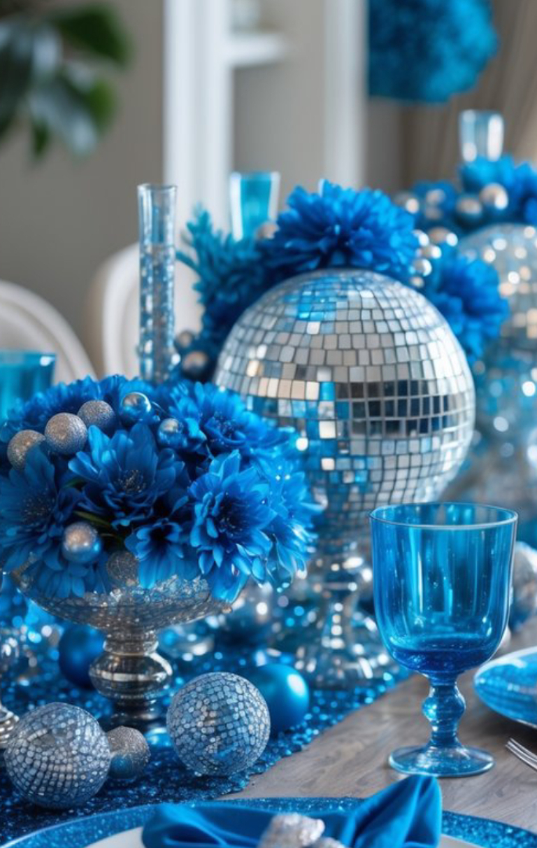 A festive table setting featuring blue and silver decor, including disco balls, blue flowers, and a blue glass goblet. The table is adorned with glittering blue and silver ornaments, creating an elegant and celebratory atmosphere.