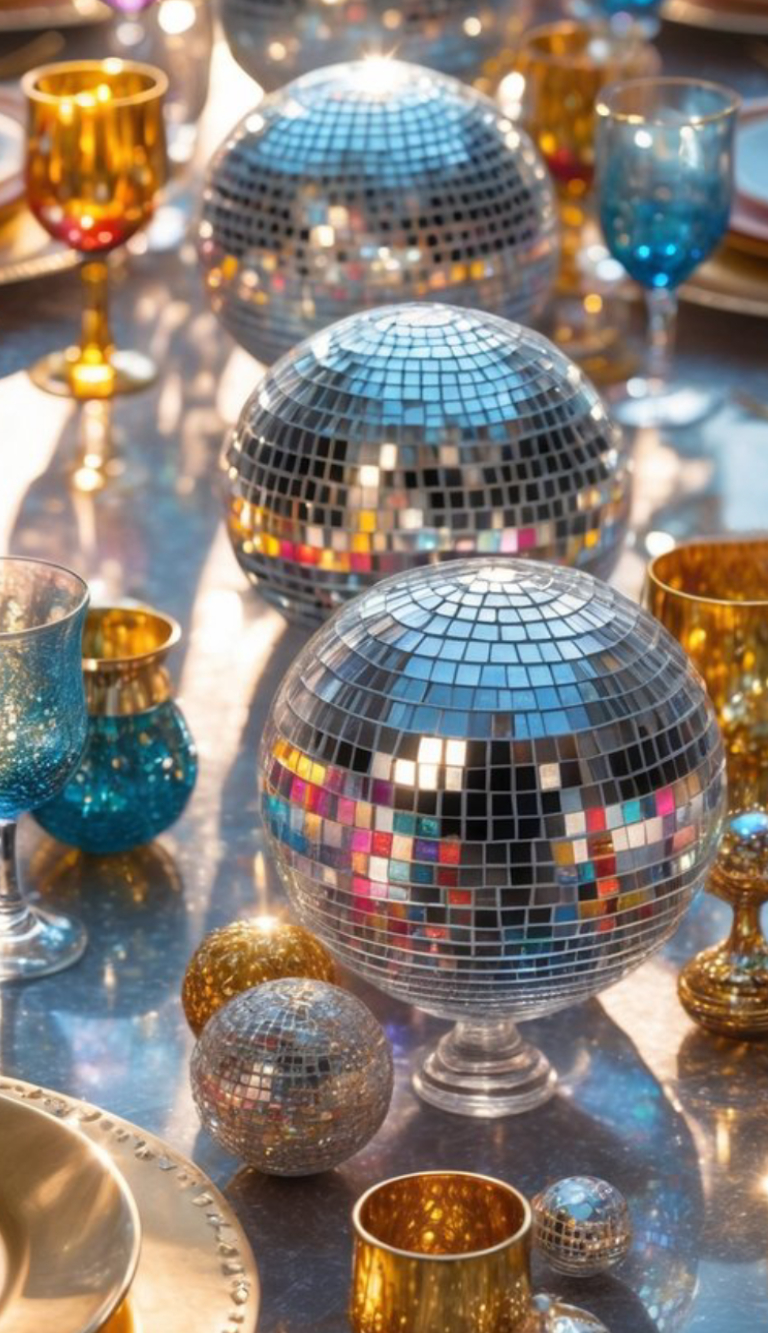 A festive table setting featuring several shiny disco ball decorations, along with colorful glassware and golden cups on a reflective surface.