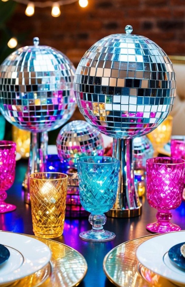 A festive table setup featuring mirrored disco balls as centerpieces, surrounded by colorful glass goblets in shades of pink, blue, and yellow. The table is set with gold-rimmed white plates and gold chargers, with utensils neatly arranged nearby. Decorative string lights are visible in the background, adding to the celebratory atmosphere.