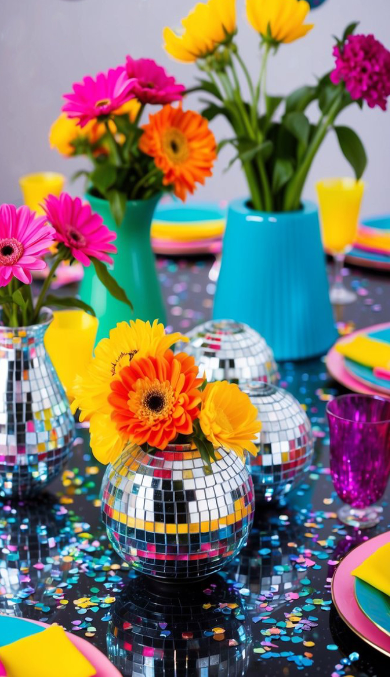 A colorful table setting with mirrored disco ball vases holding bright gerbera daisies in shades of pink, orange, and yellow. The table is sprinkled with multicolored confetti and features vibrant plates, cups, and napkins in turquoise, pink, and yellow hues.