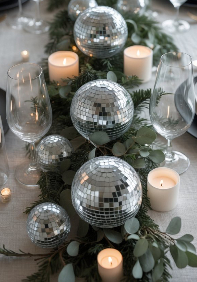 A table centerpiece featuring mirrored disco balls of various sizes, surrounded by evergreen branches and small lit candles, with wine glasses placed nearby.
