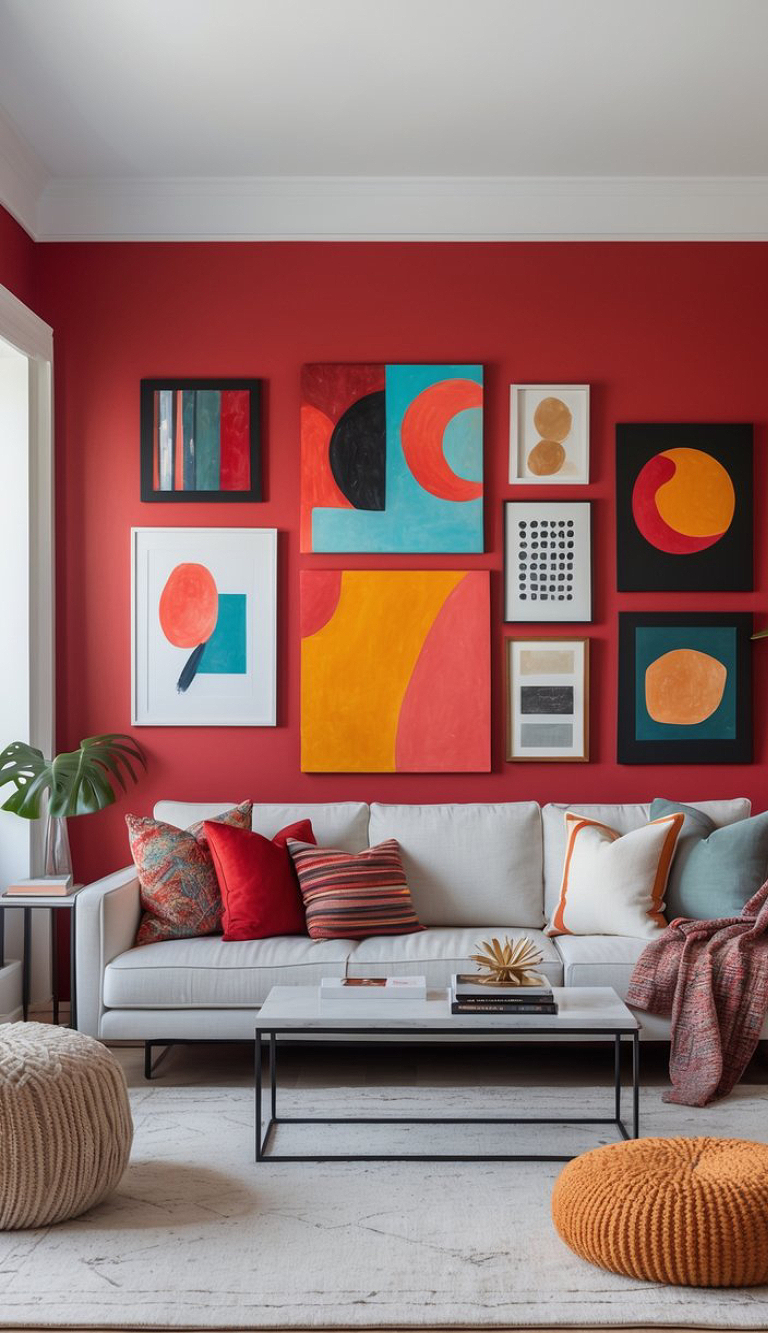 A modern living room with a gray sofa adorned with colorful pillows, a white coffee table, and a red wall featuring abstract artwork. The room has a warm, contemporary feel with a mix of patterns and textures, complemented by a large, knitted pouf and a leafy plant in the corner.
