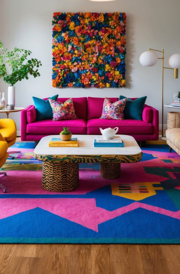 A vibrant living room with a hot pink sofa adorned with colorful floral and teal cushions. A large, textured floral art piece featuring a variety of bright colors hangs on the wall above the sofa. In front of the sofa is an artistic coffee table with a zebra print design on its legs. The room features a bold, colorful rug with geometric patterns in pink, blue, and yellow. A yellow armchair and modern floor lamp are also visible.