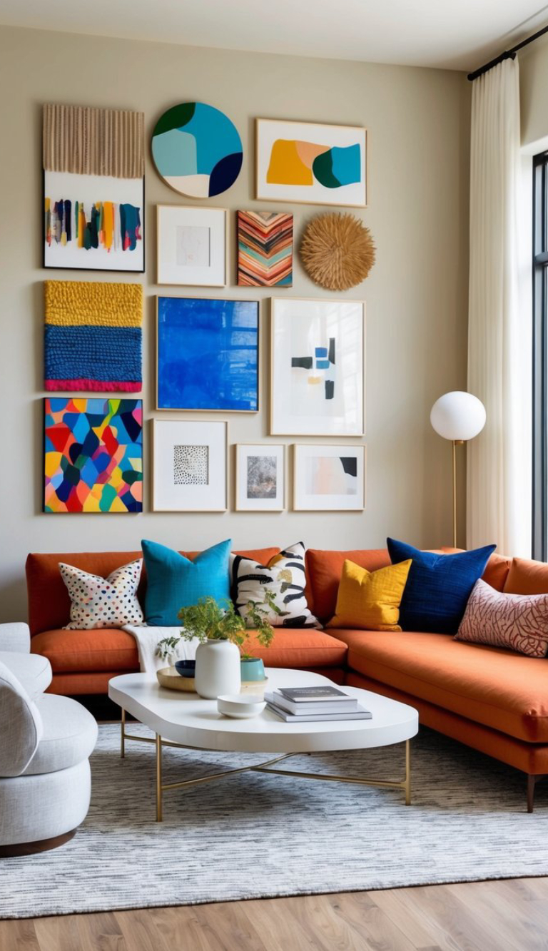 A modern living room with a vibrant gallery wall featuring abstract art and textures above an orange sectional sofa adorned with colorful throw pillows. A round white coffee table with books and decor sits on a gray area rug.