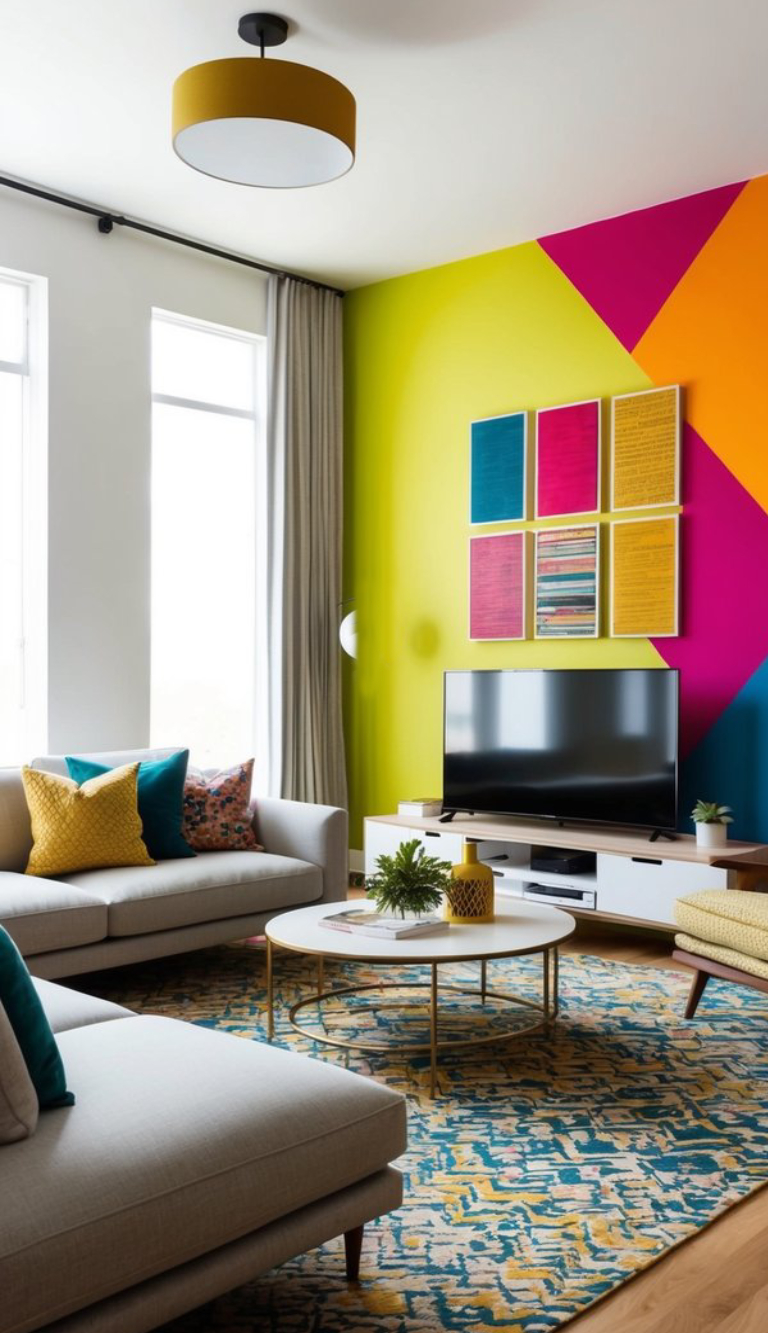 A modern living room featuring a white sofa with colorful cushions, a round coffee table with books and a plant, a large rug with a blue and yellow pattern, and a wall with geometric, multicolored designs and artwork. A flat-screen TV sits on a white console, and a yellow ceiling light complements the decor.