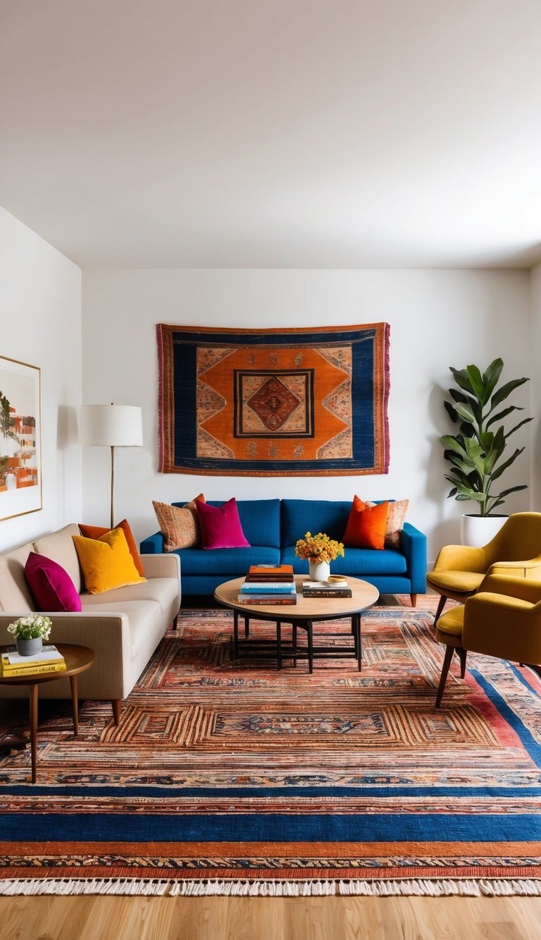 A living room with a modern design, featuring a blue sofa with colorful pillows, two mustard yellow chairs, and a beige couch. A large, patterned rug with orange and blue tones covers the wooden floor, while a matching tapestry hangs on the wall above the sofa. A round wooden coffee table with books and flowers is centered in the room. There is a tall plant in the corner and a floor lamp next to the beige couch.