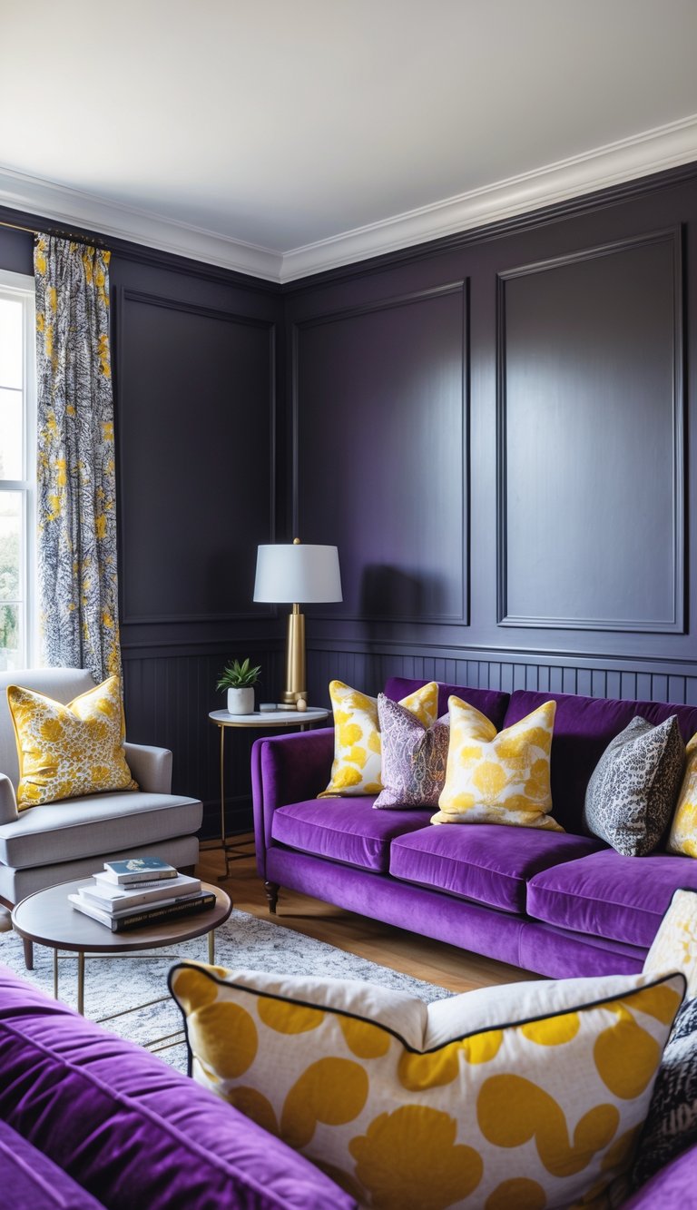 A sophisticated living room with a plush purple sofa adorned with yellow and patterned throw pillows, dark paneled walls, and a matching armchair. A side table with a lamp and a small plant, along with books stacked on a round coffee table on a patterned rug, complete the scene.
