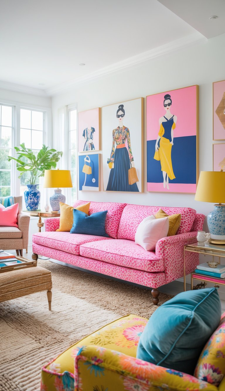 A vibrant living room featuring a pink-patterned sofa with multicolored cushions, large fashion artwork on the wall, yellow lamps, and a lush green plant by the window.