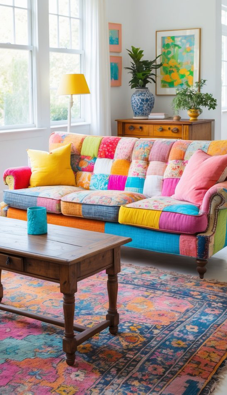 A colorful patchwork sofa adorned with various bright cushions sits in a vibrant living room. The room features a wooden coffee table, a multicolored rug, and a dresser with potted plants and artwork. Large windows allow natural light to illuminate the space.