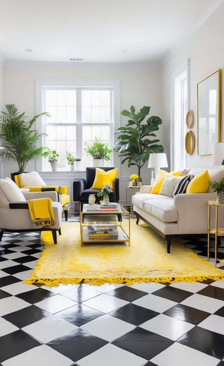 A bright and airy living room with black and white checkered floors, featuring a white sofa and chairs accented with yellow cushions and throws. A large yellow rug anchors the seating area, and the room is decorated with houseplants and modern art on the walls. Sunlight streams through two large windows, enhancing the vibrant color scheme.