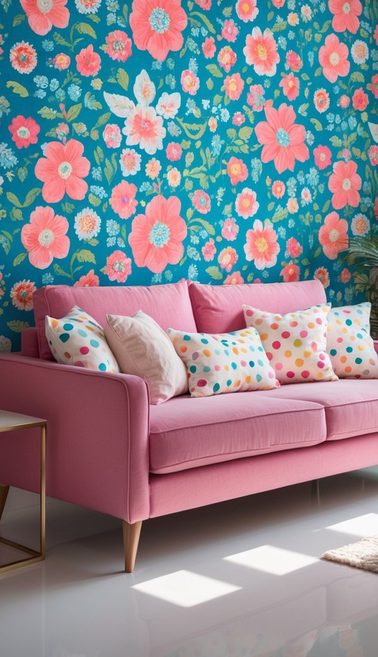 A bright living room with a pink sofa adorned with polka dot pillows, set against a vibrant floral wallpaper featuring large pink flowers on a blue background. A small white and gold side table is next to the sofa.