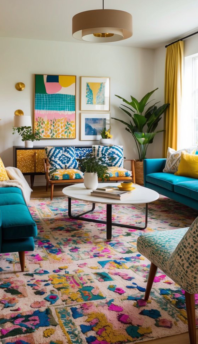 A vibrant living room with colorful decor, featuring a turquoise couch, patterned cushions, a white coffee table with a plant and books, and colorful abstract artwork on the walls. The space is accessorized with a multi-colored rug and yellow curtains.