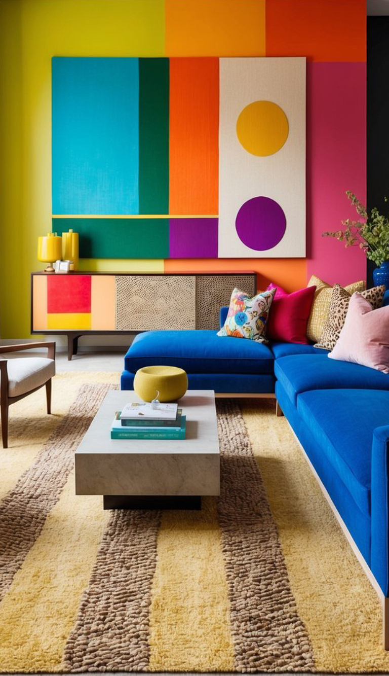 A vibrant living room featuring a large abstract wall art with geometric shapes in bright colors, a blue sectional sofa with colorful pillows, a modern coffee table, and a patterned area rug.