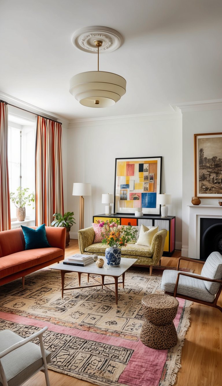 A stylish living room featuring a mix of vintage and modern decor, including a vibrant orange sofa, a patterned rug, an eclectic mix of cushions, and a mid-century coffee table with books and a vase of flowers. The room is accented with colorful artwork and a decorative ceiling light, alongside a fireplace and striped curtains.