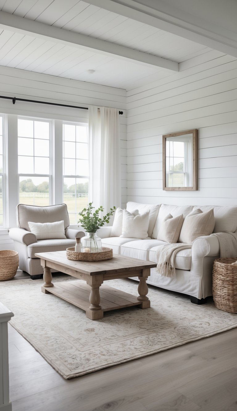 A cozy, sunlit living room with white shiplap walls, featuring a white sofa with beige pillows, a matching armchair, a wooden coffee table with decor, and wicker baskets on a light patterned rug.