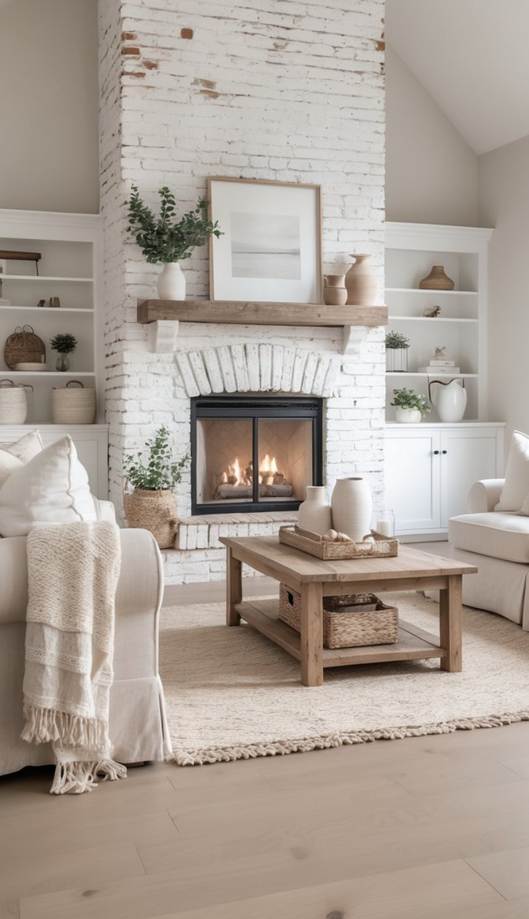 A cozy living room with a white brick fireplace, wooden mantel, and a fire burning inside. The mantel is decorated with vases and a framed art piece. A beige sofa with a knitted throw sits beside a wooden coffee table, which holds more decorative vases and a wicker basket. The room has white built-in shelves filled with books and small plants, and a light wooden floor with a textured rug.