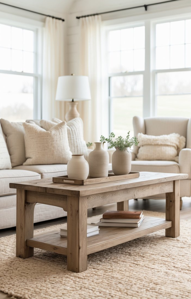 A cozy living room featuring a wooden coffee table with a tray holding ceramic vases, set against a beige sofa and armchair with plush pillows, all illuminated by natural light through large windows.