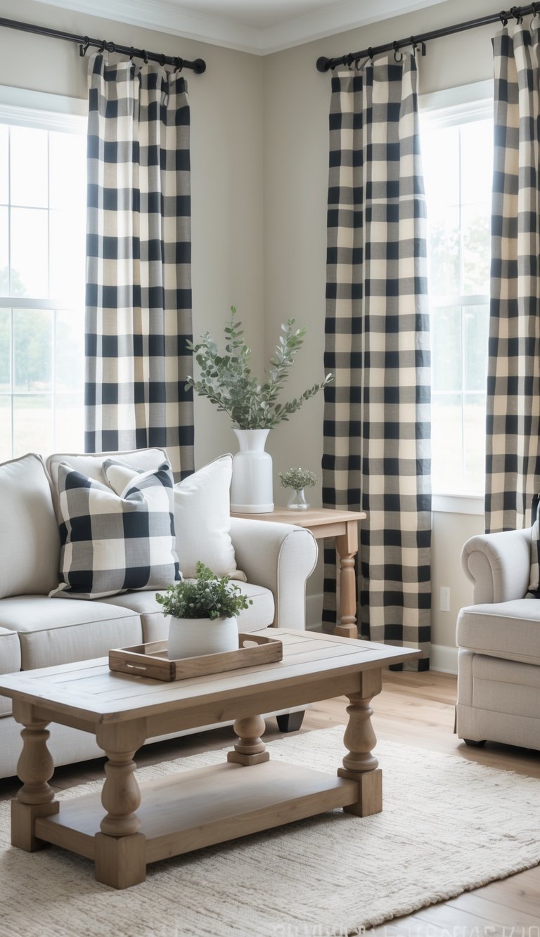 A cozy living room with checkered curtains in black and white, beige sofas with matching checkered pillows, a wooden coffee table with plants on top, and light streaming through large windows.