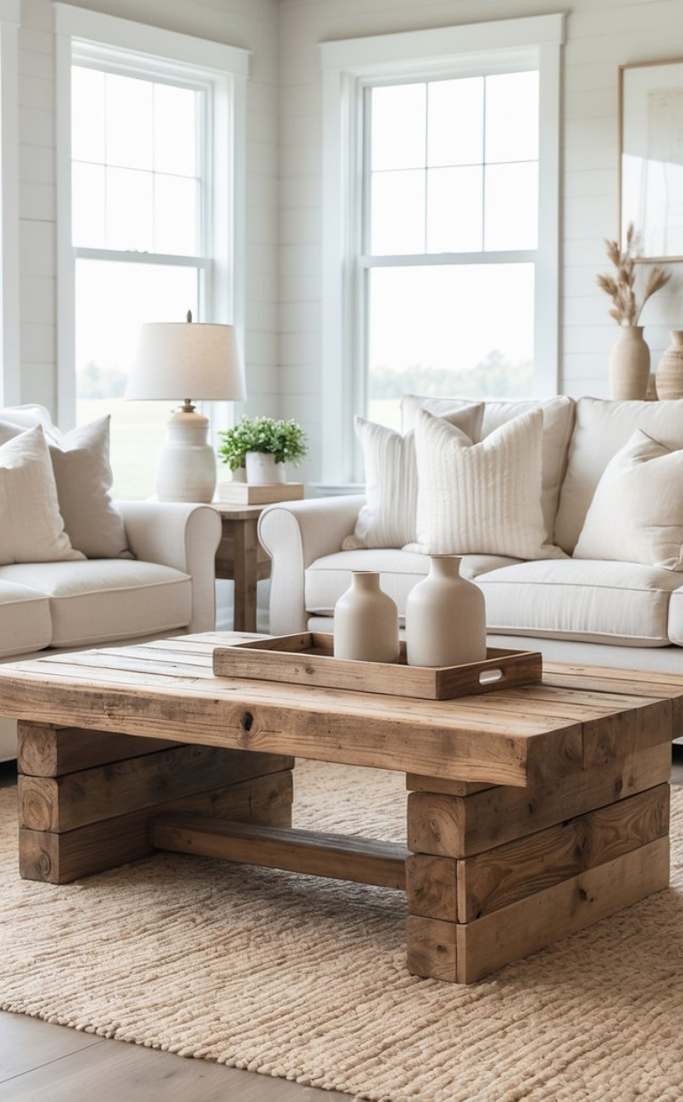A cozy living room with a rustic wooden coffee table, neutral-colored sofas and cushions, and white walls with large windows letting in natural light. A soft beige rug covers the floor, and a wooden tray with decorative vases is placed on the table.