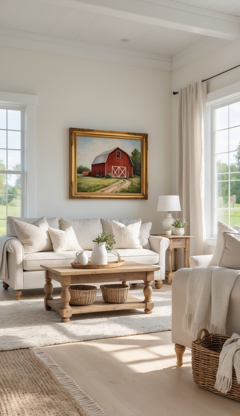 A cozy living room with a white sofa and wooden coffee table, adorned with beige cushions and potted plants. A framed painting of a red barn hangs above the sofa. The room features light-colored walls, large windows with curtains, a woven rug, and a basket with a blanket on the floor, creating a serene farmhouse style ambiance.