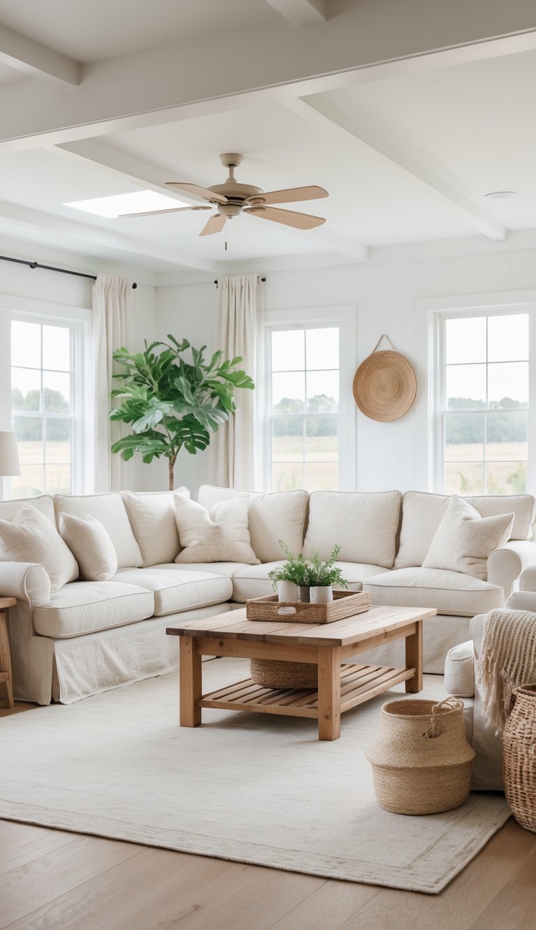 A bright, modern living room with a large white sectional sofa, numerous cushions, a wooden coffee table on a light rug, and a potted plant in the corner. The room has large windows, light curtains, and a ceiling fan.