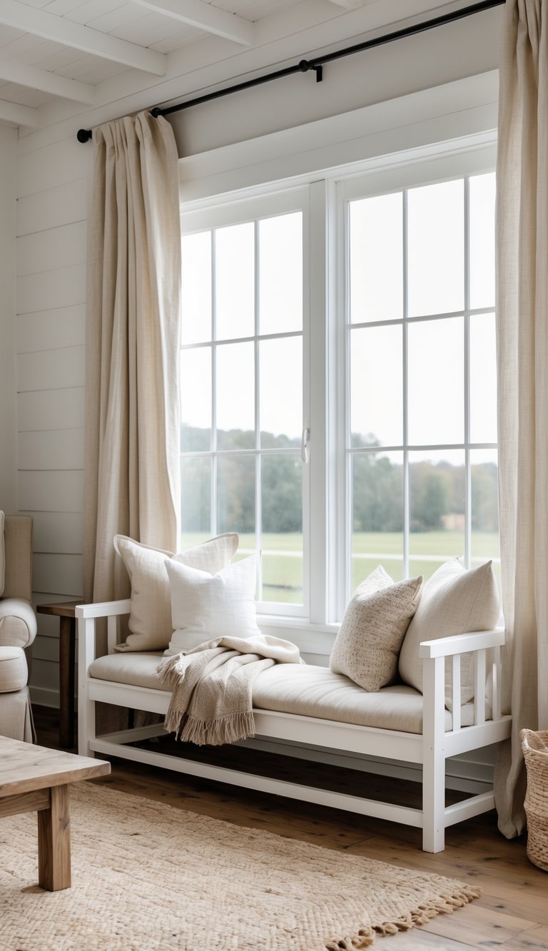 A cozy living room corner featuring a white wooden bench with beige cushions and throw pillows, placed in front of a large window with beige curtains. The room has wooden flooring and a woven area rug, creating a warm and inviting atmosphere.