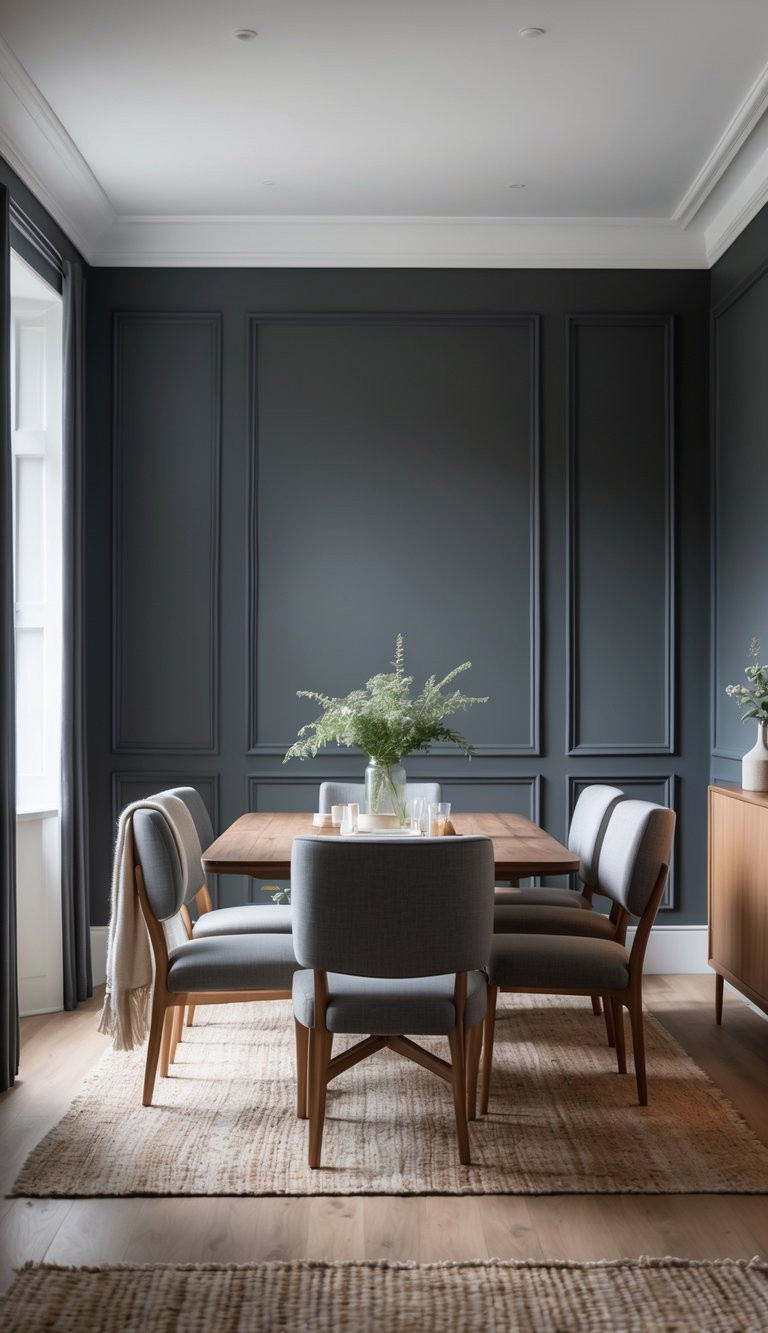A modern dining room with a wooden table surrounded by gray upholstered chairs on a woven rug, set against a dark blue paneled wall and illuminated by natural light from a nearby window. A vase of greenery decorates the center of the table.