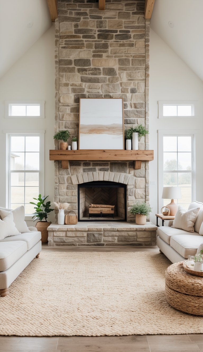 A cozy living room with a large stone fireplace featuring a wooden mantel decorated with plants and a framed artwork. The space includes beige sofas, a woven coffee table, and a light-colored rug, with ample natural light from the tall windows.