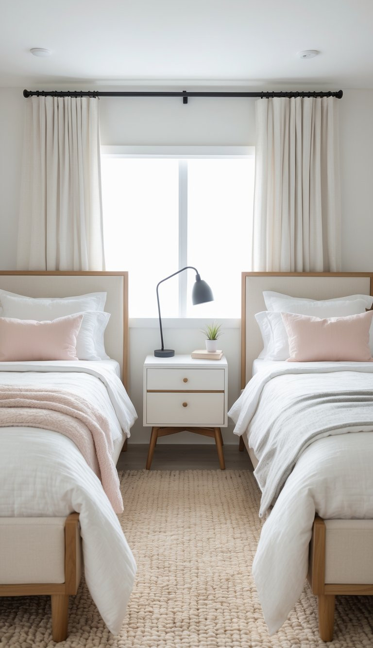 A well-lit bedroom with two single beds, each with white and light pink bedding, a shared nightstand between them with a black lamp and a small plant, and a large window with white curtains behind them.