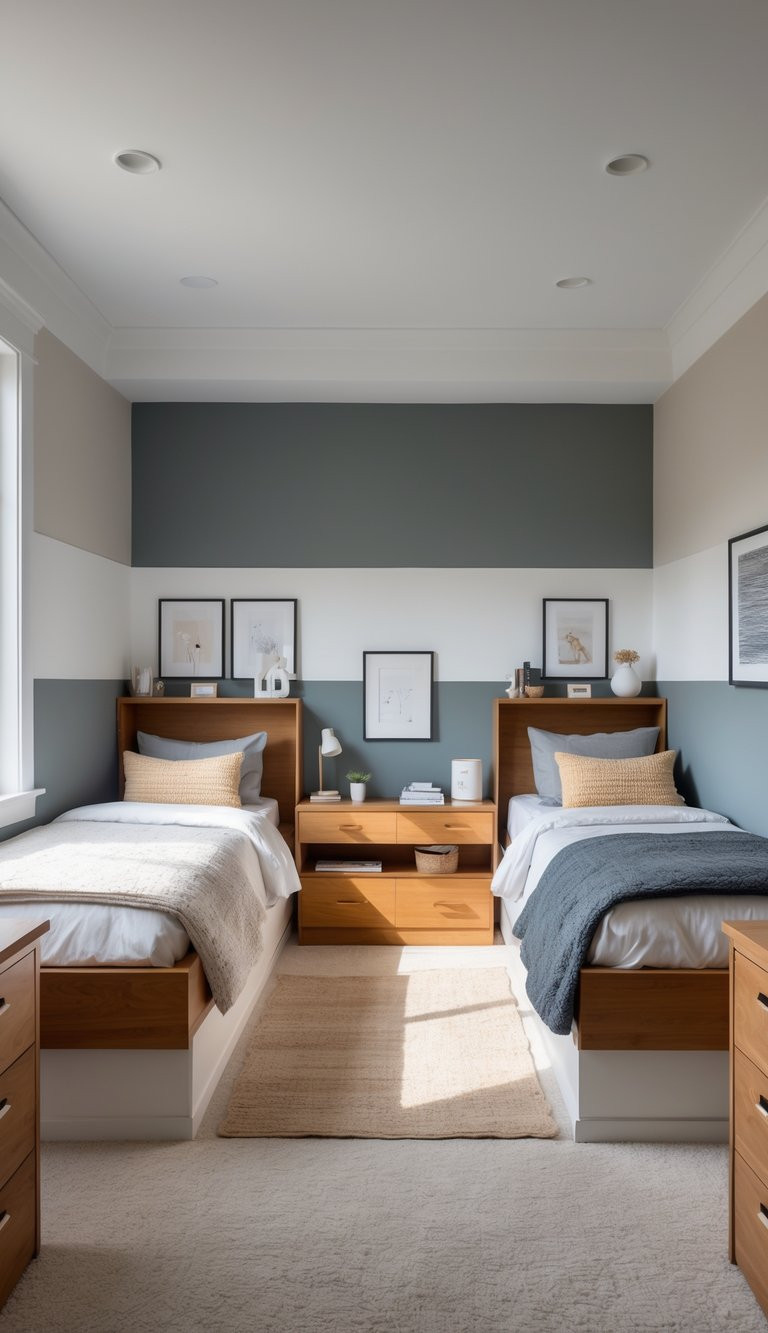 A tidy bedroom with two twin beds, each with a wooden headboard, white bedding, and a colored blanket. A wooden nightstand with drawers is positioned between the beds, with decorative items like a lamp and a plant. The walls are painted in two tones, and framed artworks are displayed above the beds. Natural light filters through a window, illuminating the room, which has a soft carpet and simple, modern decor.