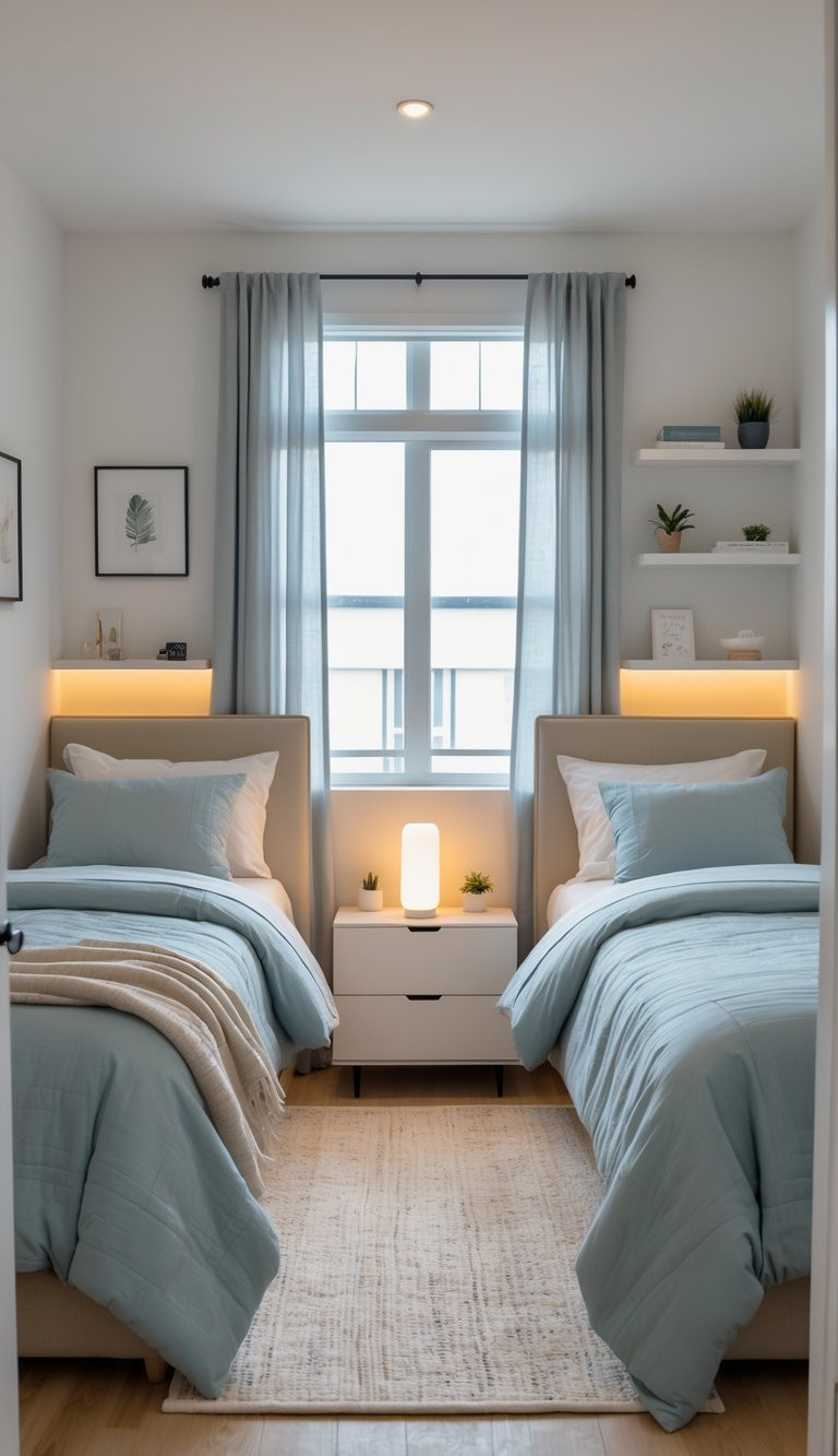 A neatly arranged bedroom with two twin beds featuring light blue bedding and soft beige headboards, separated by a small white nightstand with a glowing lamp. The walls are white, decorated with framed leaf prints and minimalist shelves holding small plants and books. A large window with sheer gray curtains allows natural light to enter, complementing the light wood floor and neutral rug.