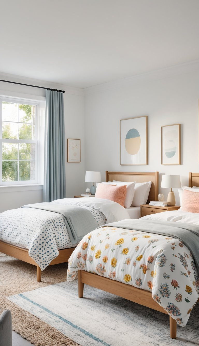 A bright bedroom with two wooden twin beds, each adorned with patterned duvets; one features blue dots and the other floral designs. The room includes a window with light blue curtains, a wooden nightstand with a lamp, and framed abstract art on a white wall.