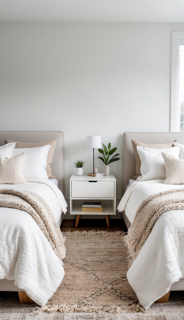 A bedroom with two neatly made twin beds adorned with white and beige bedding, separated by a nightstand holding a lamp and a small potted plant. The room features neutral tones and a textured area rug.