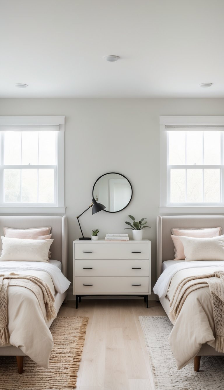 A bright and minimalist bedroom featuring two twin beds with beige and white bedding, separated by a white dresser with a black circular mirror above it. A black desk lamp and small plant sit on the dresser. Large windows on either side illuminate the room.