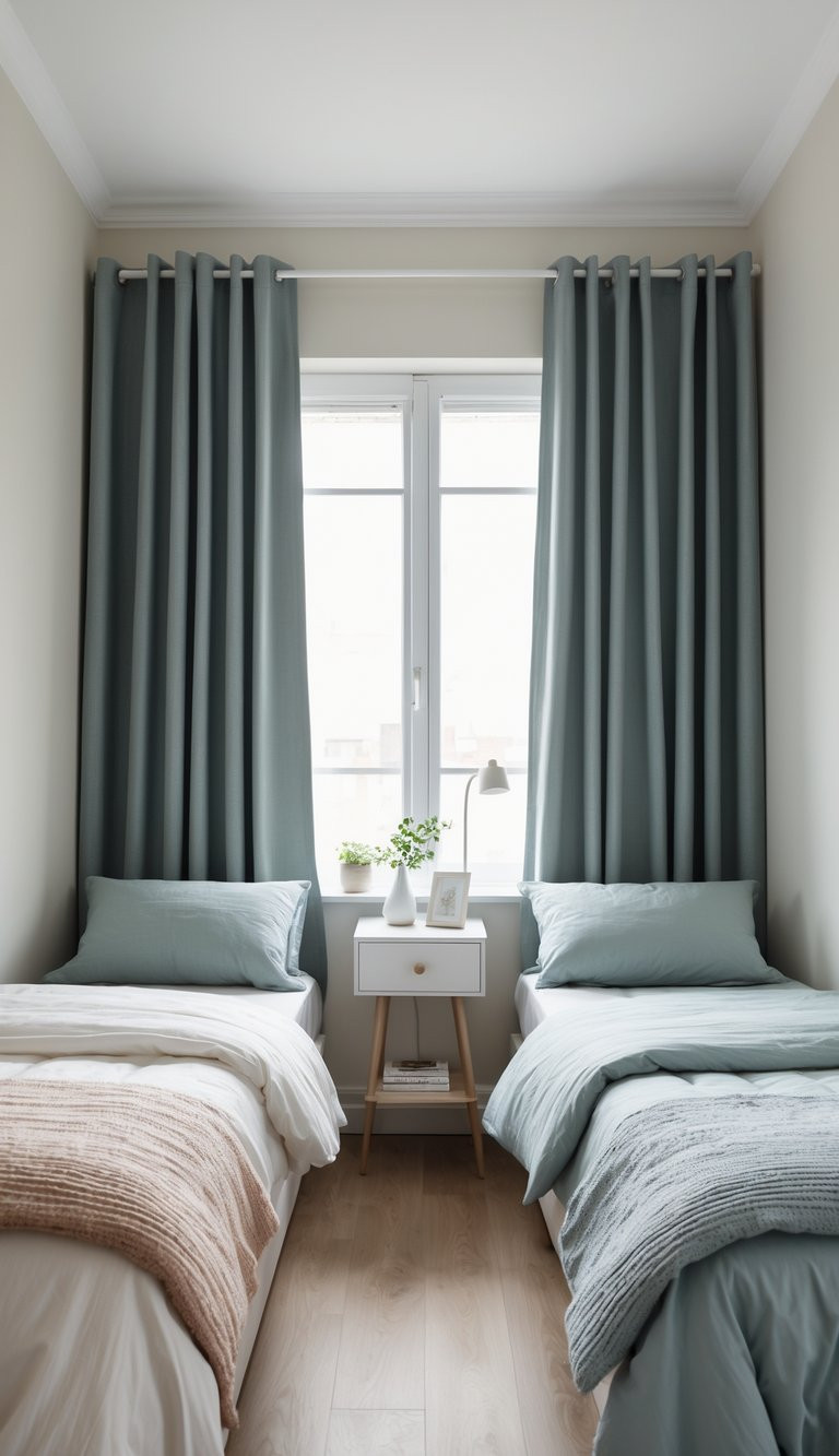 A small bedroom with two single beds separated by a white nightstand. Each bed has blue bedding and a textured blanket, with a pillow placed at the head. A window with blue curtains provides natural light, and a potted plant along with a framed photo sit on the nightstand. A small lamp is also present on the nightstand, illuminating the area softly.