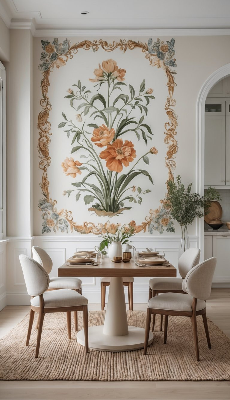A dining area with a round wooden table set for four, surrounded by upholstered chairs. A large floral mural with intricate patterns adorns the wall behind the table. The room features light wooden floors and a woven rug, with greenery in vases adding a touch of nature.