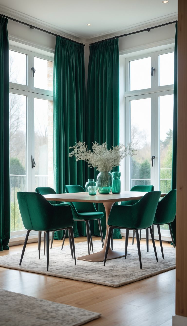 A modern dining room with a light wooden table surrounded by six green upholstered chairs, situated on a soft beige rug. The room features large windows with thick green curtains, and a centerpiece of transparent vases with dried flowers adds a decorative touch.