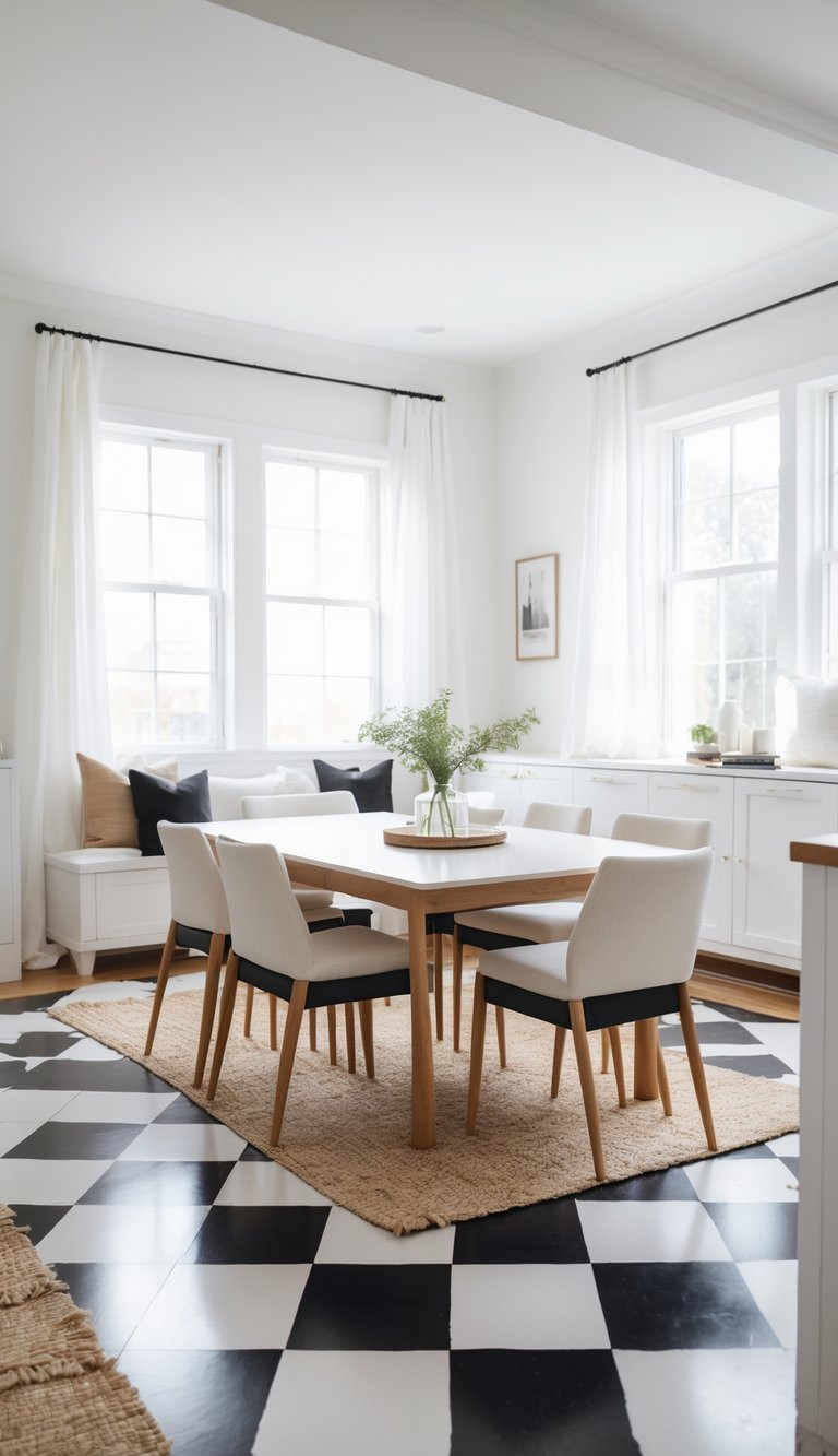 A modern dining room with a rectangular wooden table and six white upholstered chairs. The room features black and white checkered flooring with a beige rug underneath the table. Large windows with sheer white curtains allow natural light to illuminate the space. A vase with greenery is centered on the table, and there is a window seat with black and beige cushions next to the windows.