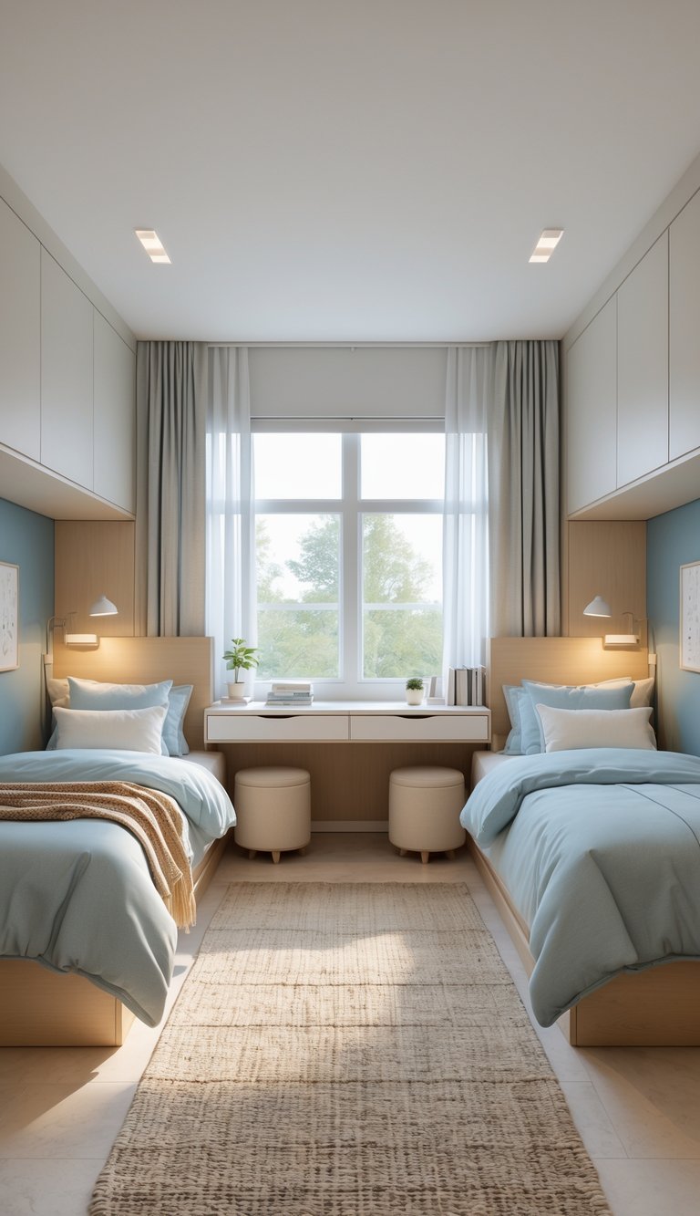 A minimalist bedroom with two single beds on either side of a large window, featuring light blue bedding, a central shared desk with two stools, and soft, natural lighting. The room has a neutral color palette with wood accents and a beige rug on the floor.