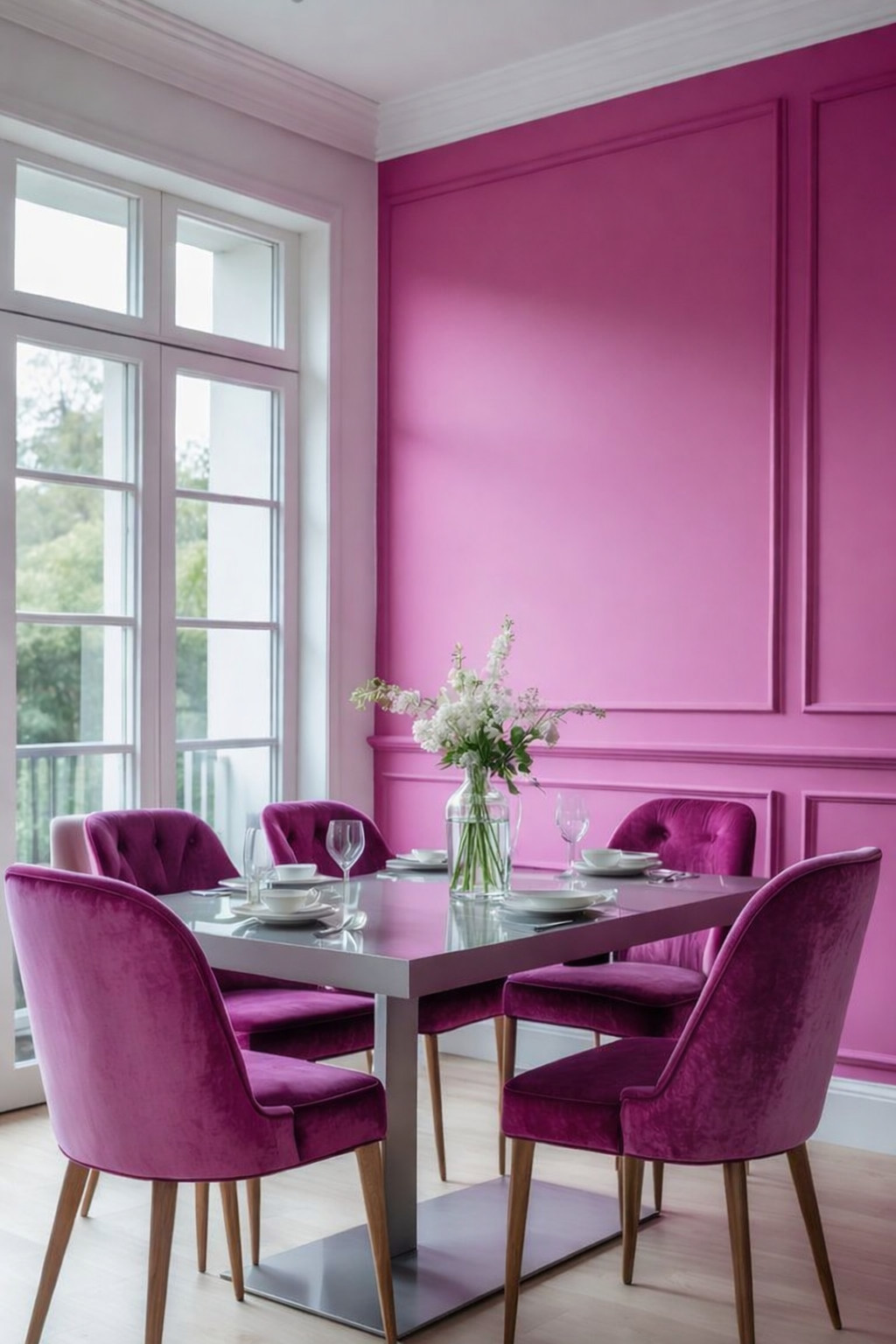 A modern dining room with a bright pink accent wall and large windows, featuring a glass-topped table surrounded by four purple velvet chairs. A vase of white flowers is placed at the center of the table, which is set with white dishes and glassware.