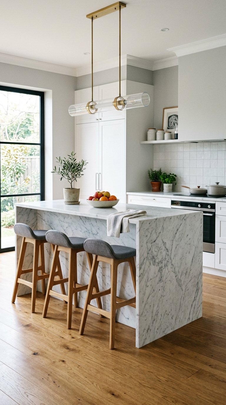 A modern kitchen with a marble island featuring three wooden bar stools with gray cushions. The island is adorned with a potted plant and a bowl of fruit. In the background, white cabinetry, a tiled backsplash, and a window with a garden view are visible.