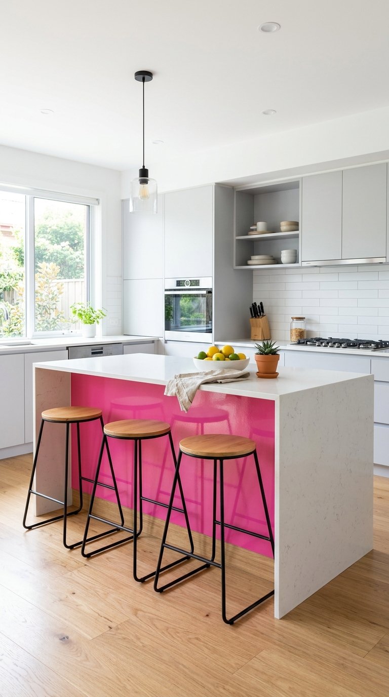 A modern kitchen with a white countertop and a bright pink base featuring three wooden bar stools with black metal legs, an overhead pendant light, and kitchen cabinets with a built-in oven and stove, all set against a wooden floor.